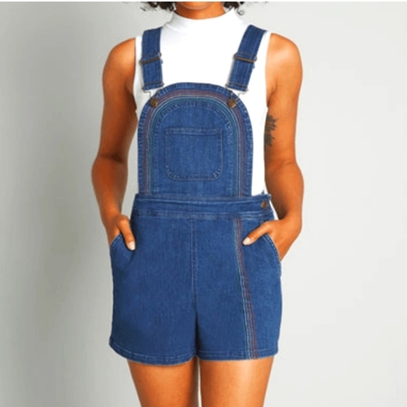 ModCloth Bouncing Over The Rainbow Denim Shortalls Overalls Women’s Size 14 - Picture 1 of 10